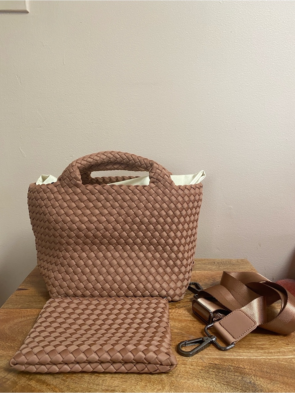 Naghedi St Barths Small Handwoven Woven Tote Matching Pouch Strap Dust Bag
